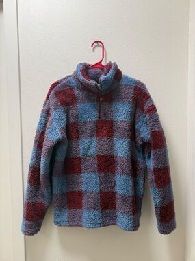 Eddie Bauer Blue and Burgundy Checkered Sherpa Quarter-Zip Pullover